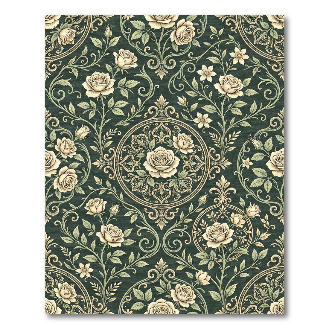 Elegant Cream Rose Dark Forest Medallion Rug