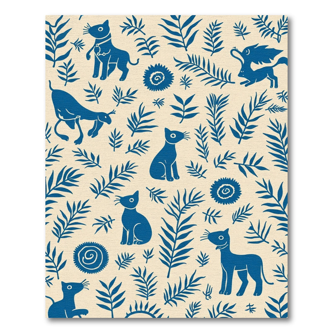 Blue Feline Botanical Folk Art Rug
