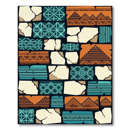 Geometric Terracotta and Teal Aztec Mosaic Rug