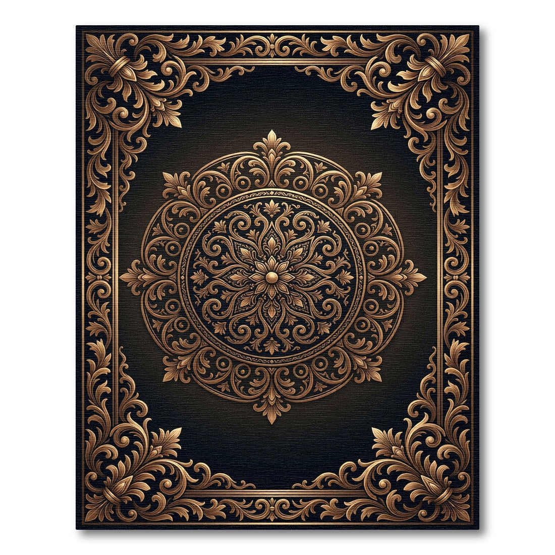 Ornate Golden Floral Medallion Scroll Rug