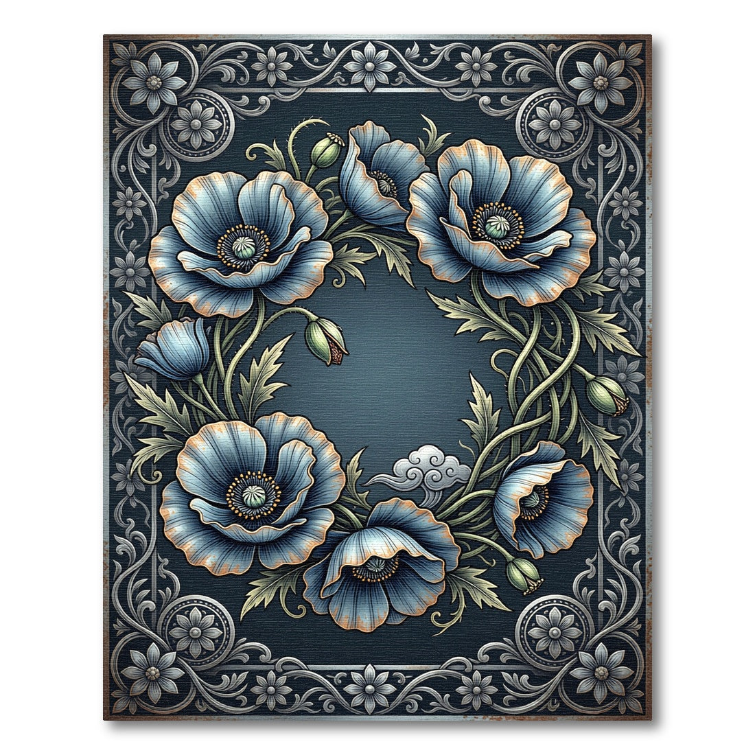 Vintage Blue Poppy Floral Wreath Rug