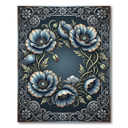 Vintage Blue Poppy Floral Wreath Rug
