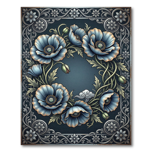 Vintage Blue Poppy Floral Wreath Rug