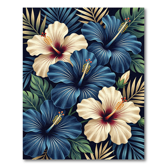 Navy and Cream Tropical Hibiscus Floral Rug