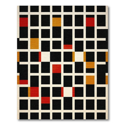 Geometric Black Red Gold Grid Rug