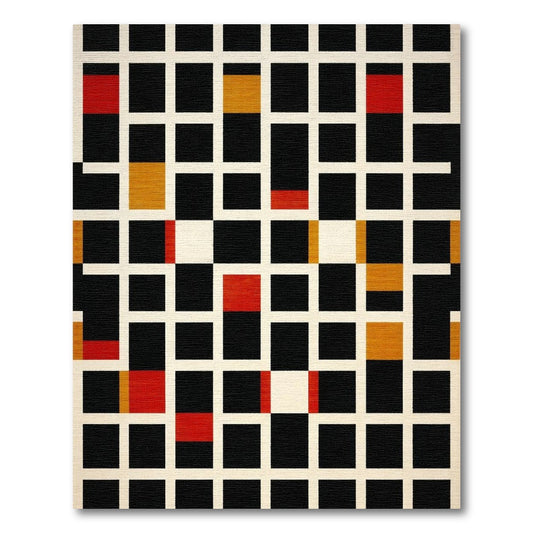 Geometric Black Red Gold Grid Rug