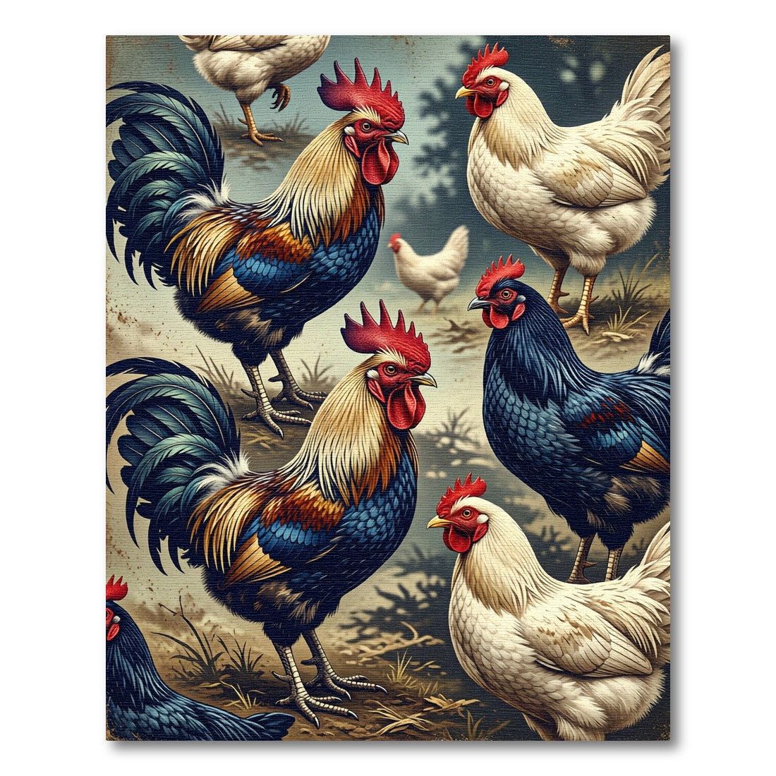 Vibrant Multicolored Farm Rooster Flock Rug