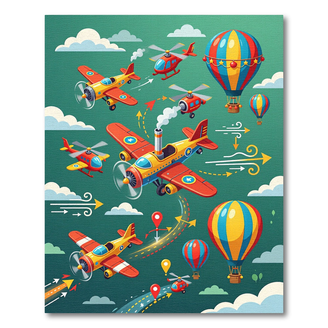 Colorful Whimsical Airplanes Balloons Helicopters Rug