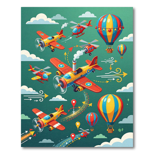 Colorful Whimsical Airplanes Balloons Helicopters Rug