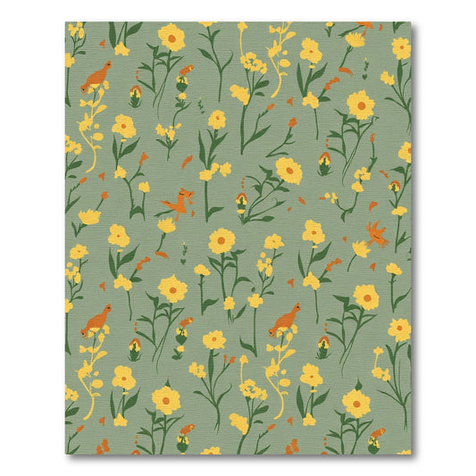 Sage Green Yellow Floral Bird Medley Rug