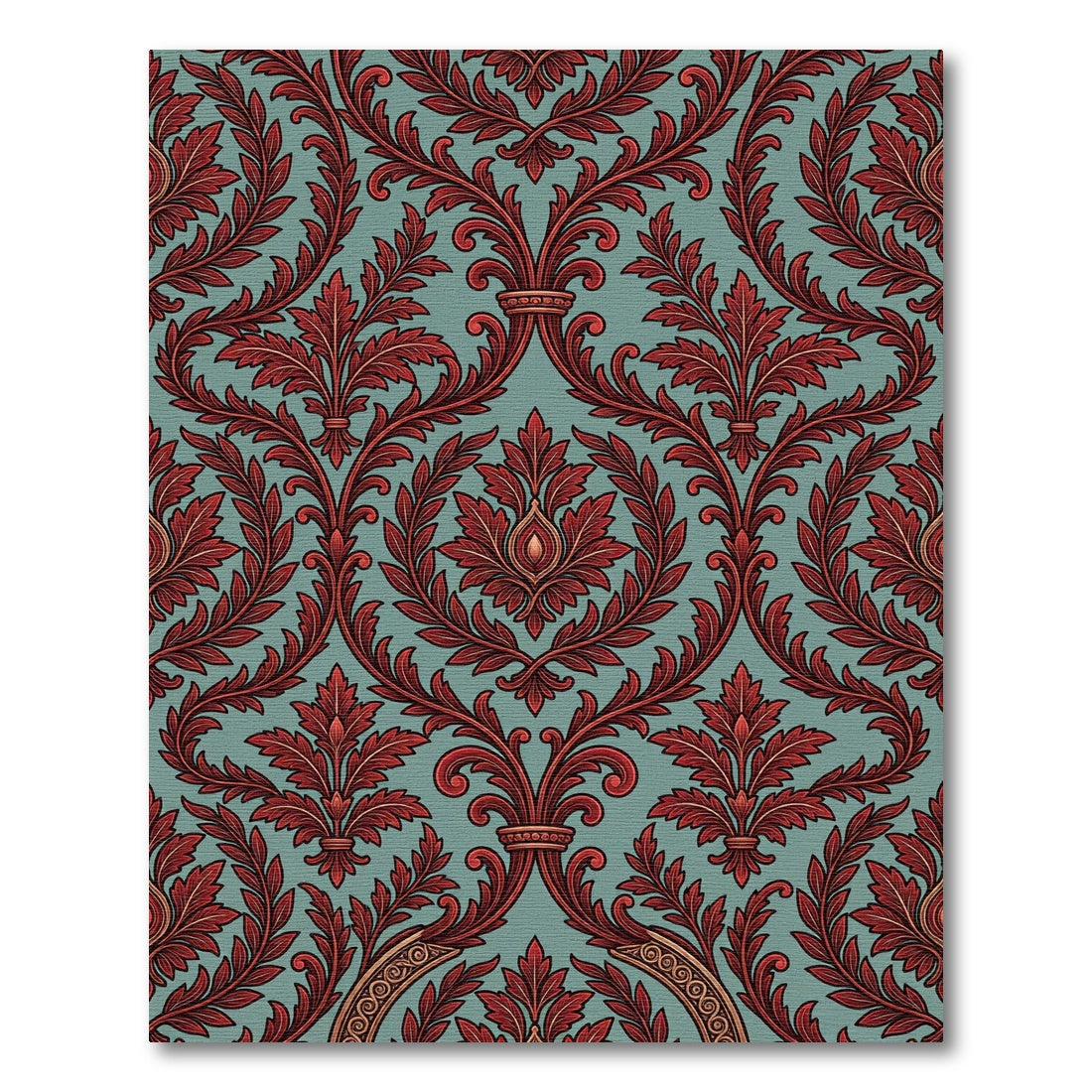 Crimson Damask Foliage on Teal Field Rug
