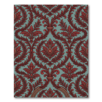 Crimson Damask Foliage on Teal Field Rug