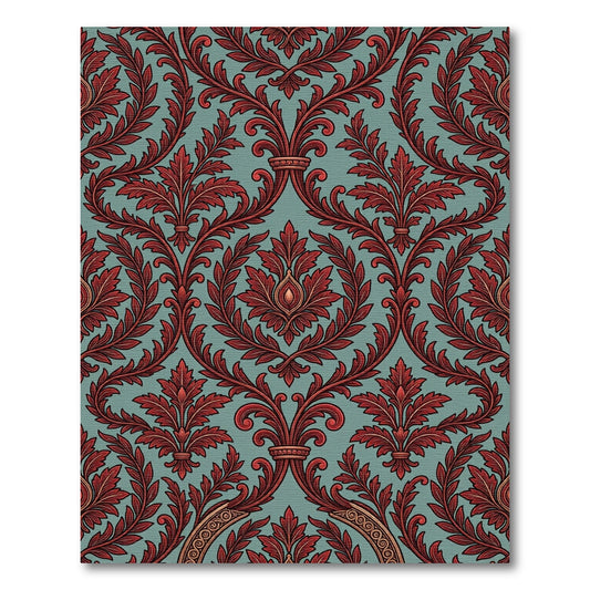 Crimson Damask Foliage on Teal Field Rug