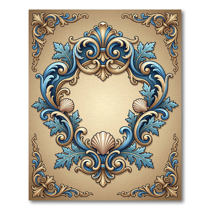 Ornate Baroque Blue Golden Shell Frame Rug