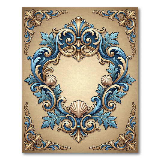 Ornate Baroque Blue Golden Shell Frame Rug