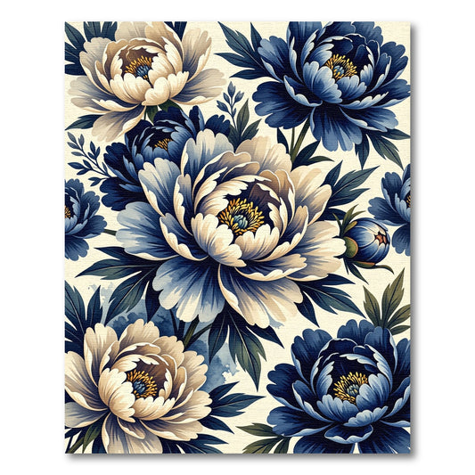 Elegant Navy and Cream Peony Bouquet Rug