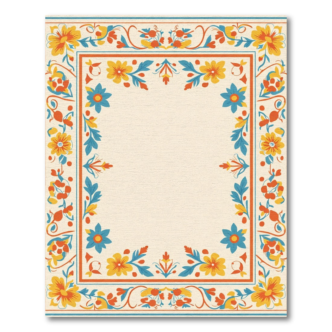 Vibrant Floral Border Teal Orange Yellow Rug