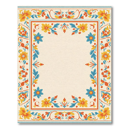 Vibrant Floral Border Teal Orange Yellow Rug