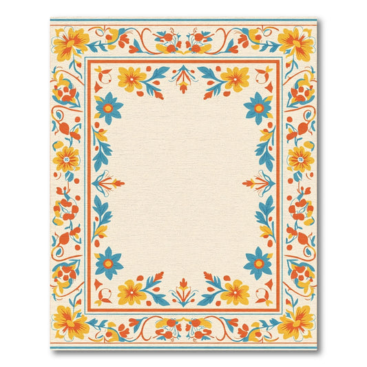 Vibrant Floral Border Teal Orange Yellow Rug