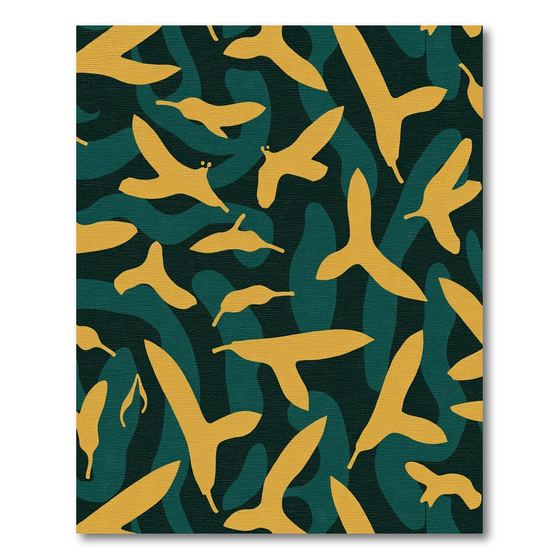 Golden Yellow Abstract Birds Teal background Rug