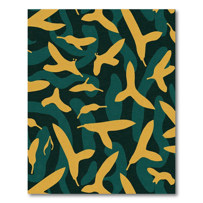 Golden Yellow Abstract Birds Teal background Rug