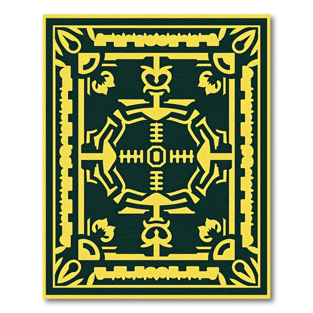 Bold yellow symbolic medallion dark green Rug