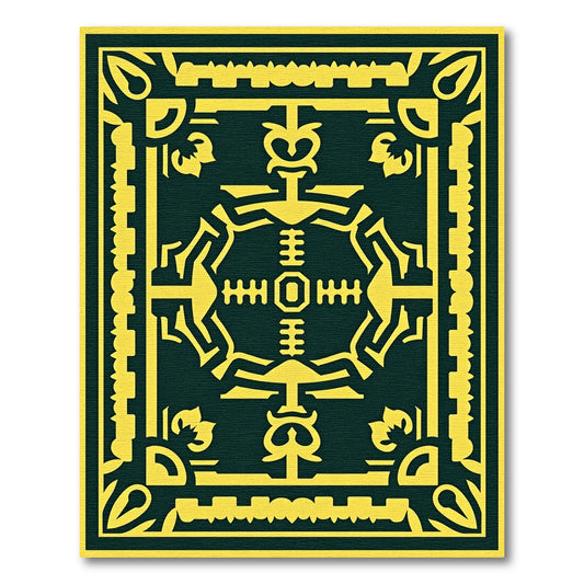 Bold yellow symbolic medallion dark green Rug