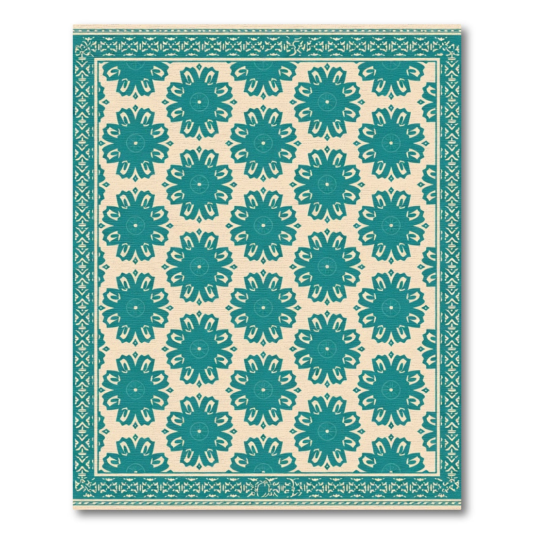 Teal Floral Medallion Cream Background Rug