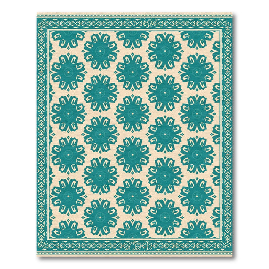 Teal Floral Medallion Cream Background Rug