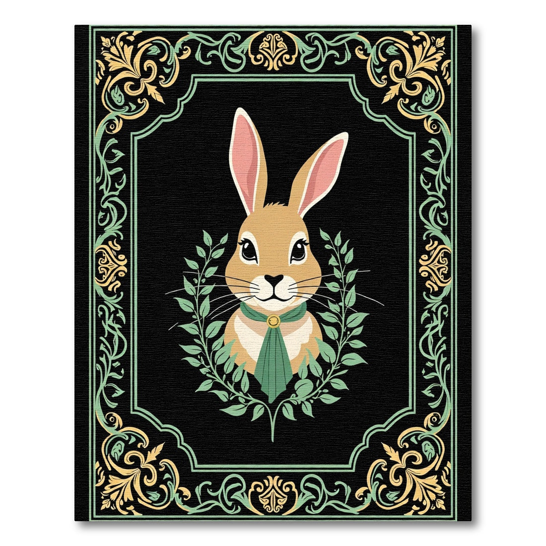 Elegant Rabbit Golden Scroll Border Rug