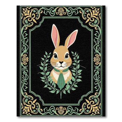 Elegant Rabbit Golden Scroll Border Rug