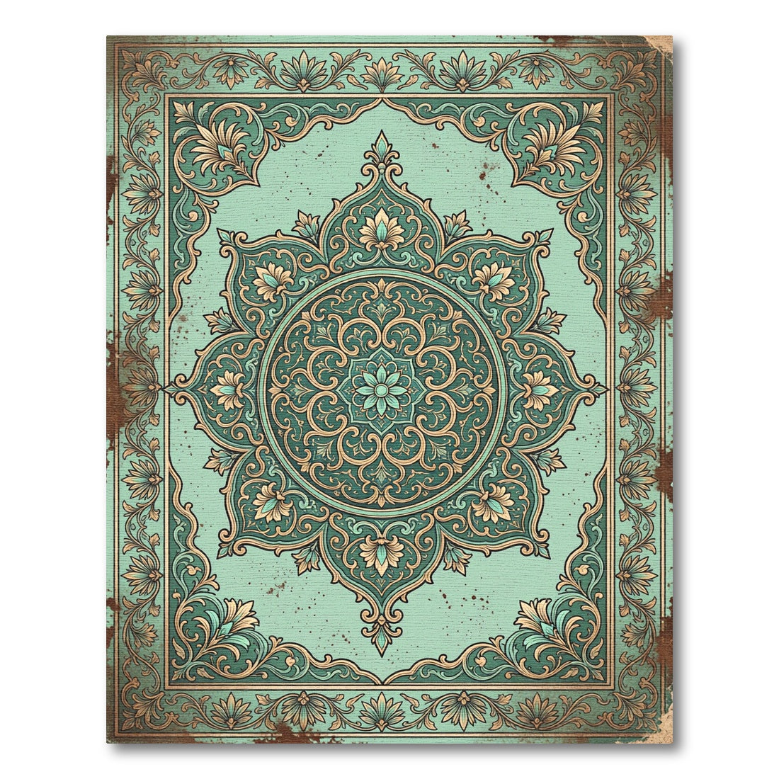 Vintage Mint Floral Mandala Medallion Rug