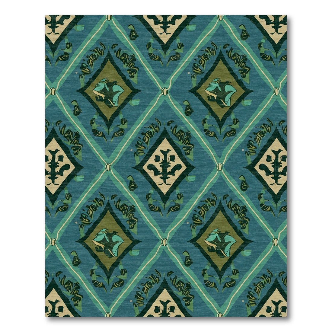 Teal Diamond Medallion Floral Accents Rug