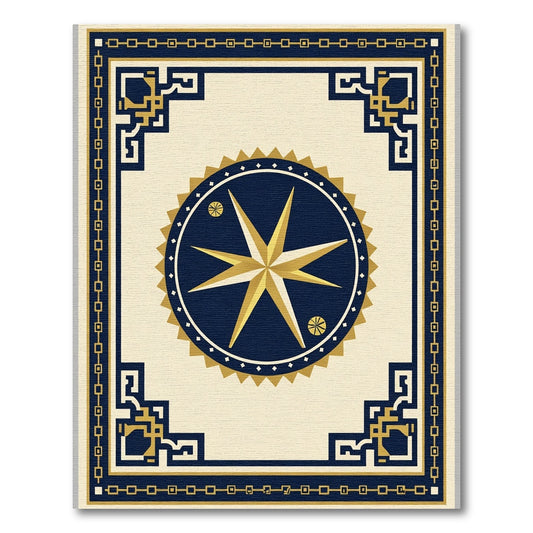 Navy Gold Compass Star Border Rug