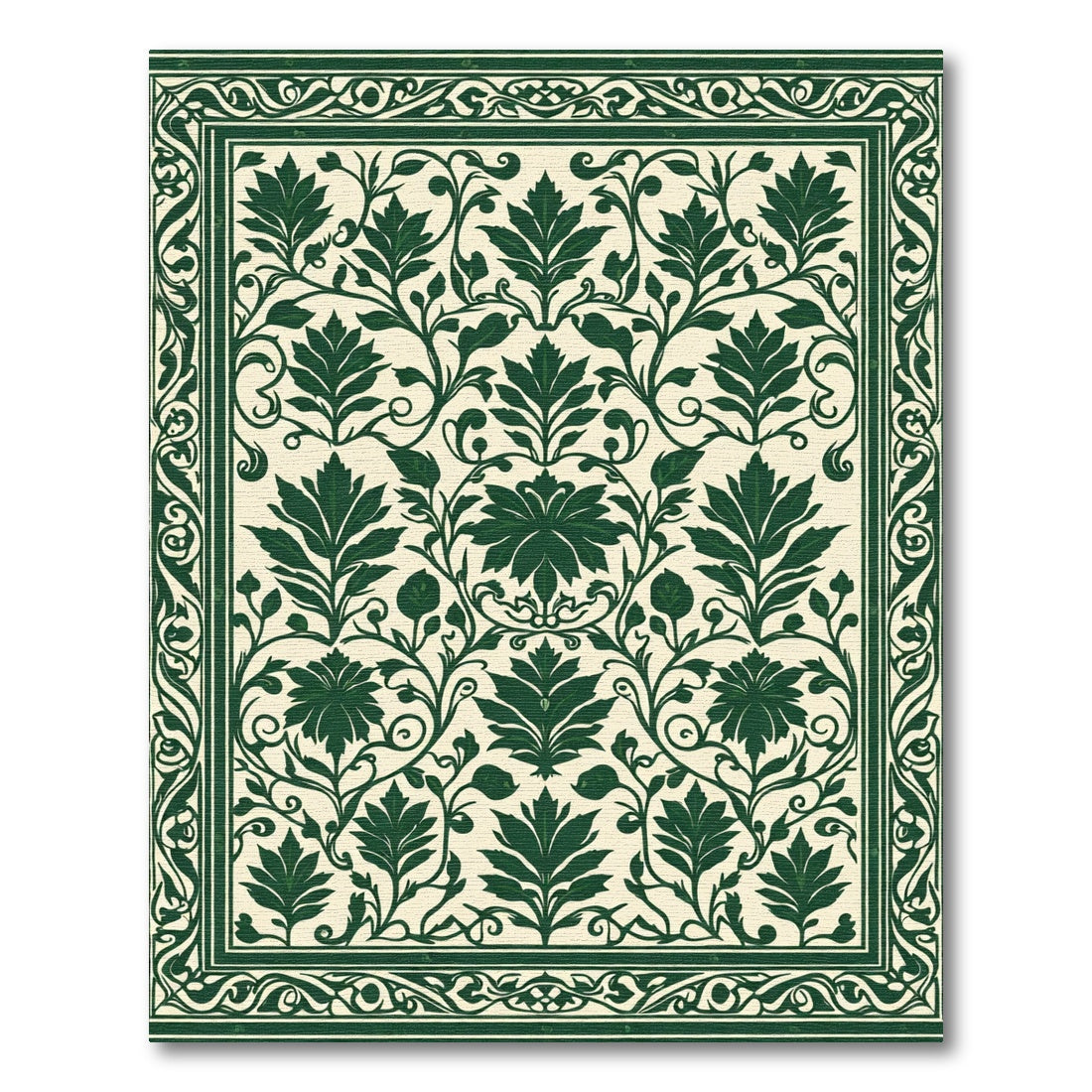Dark Green Floral Vine Border Rug