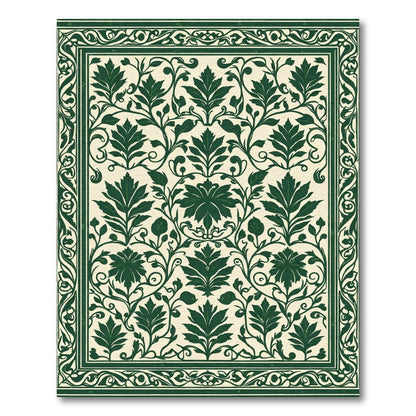 Dark Green Floral Vine Border Rug