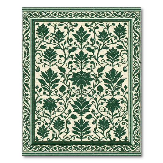 Dark Green Floral Vine Border Rug
