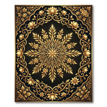 Elegant Gold Floral Medallion Black Rug