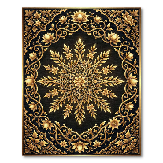 Elegant Gold Floral Medallion Black Rug