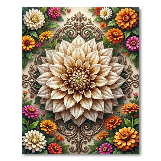 Elegant Cream Dahlia Ornate Floral Art Rug