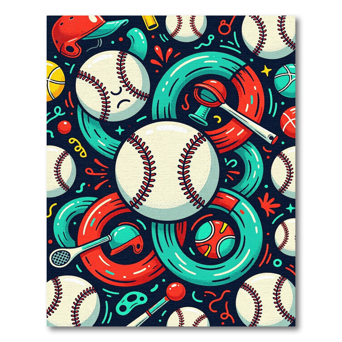 Whimsical Baseball Bats Rings Helmets Rug