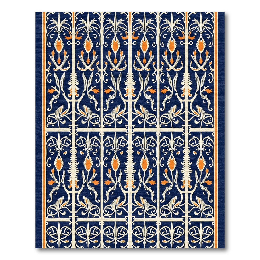 Deep Blue Orange Floral Garden Lattice Rug