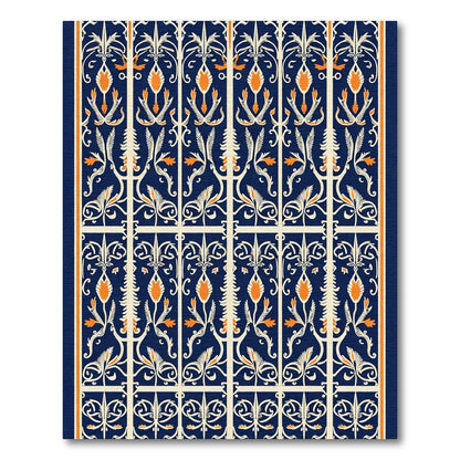 Deep Blue Orange Floral Garden Lattice Rug