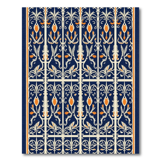 Deep Blue Orange Floral Garden Lattice Rug