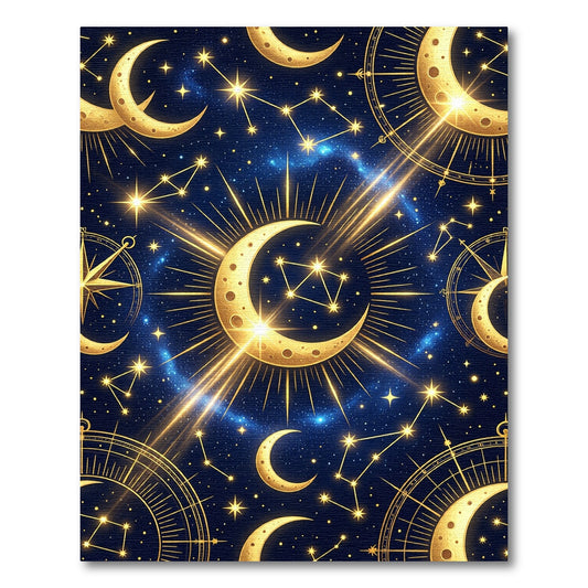 Celestial Golden Crescent Moon Starry Skies Rug