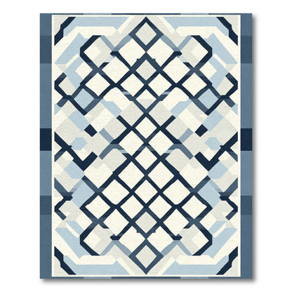 Modern Blue White Geometric Overlay Rug