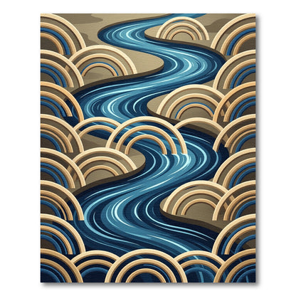Abstract Blue River with Golden Arcs Rug