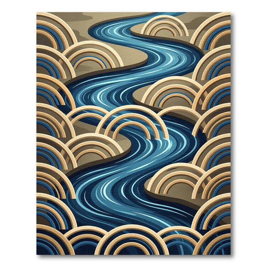 Abstract Blue River with Golden Arcs Rug
