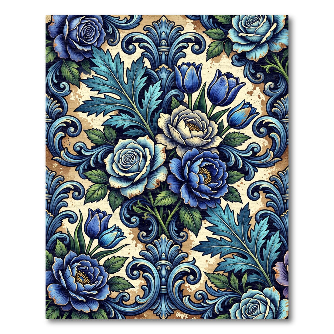 Rich Blue Floral Acanthus Scroll Rug