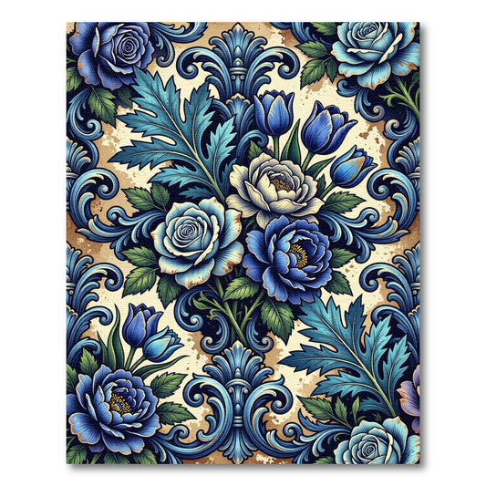 Rich Blue Floral Acanthus Scroll Rug